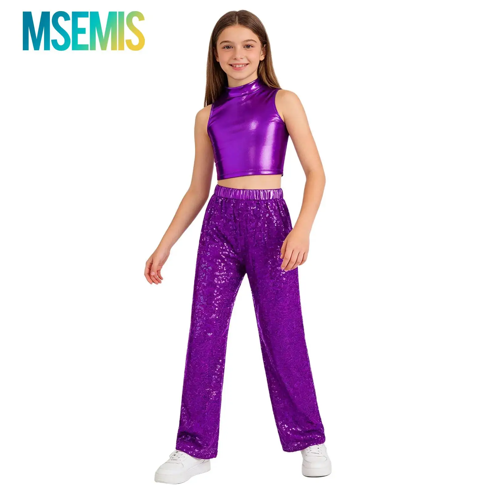 

Kids Girls Hip Hop Jazz Dance Outfit Performance Costume Metallic Crop Top with Elastic Waistband Sparkling Sequin Pants