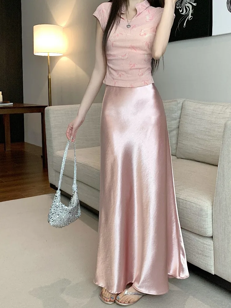 

Розовая атласная юбка-русалка с завышенной талией, женская летняя приталенная длинная юбка из качественного полиэстера, А-силуэт