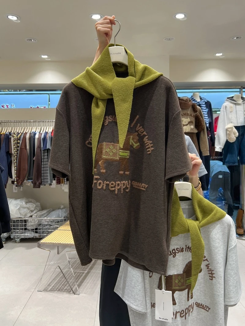 秋の厚手起毛コットンオーバーサイズY2K Tシャツヘビーインダストリー刺繍ルーズロングハーフスリーブボトムシャツレディース