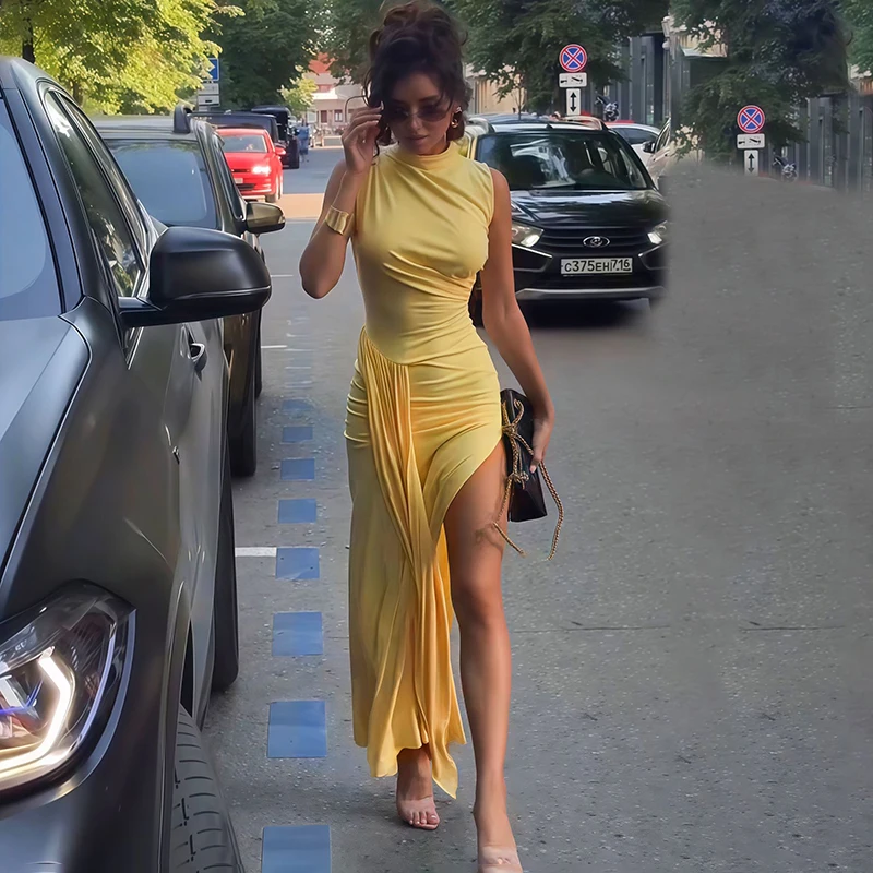 

Ticketsx Sexy Ruched Ribbon Long Dress Women's 2025 New High Slit Spliced Pleated Dress Female Summer Party Prom Luxury Dresses
