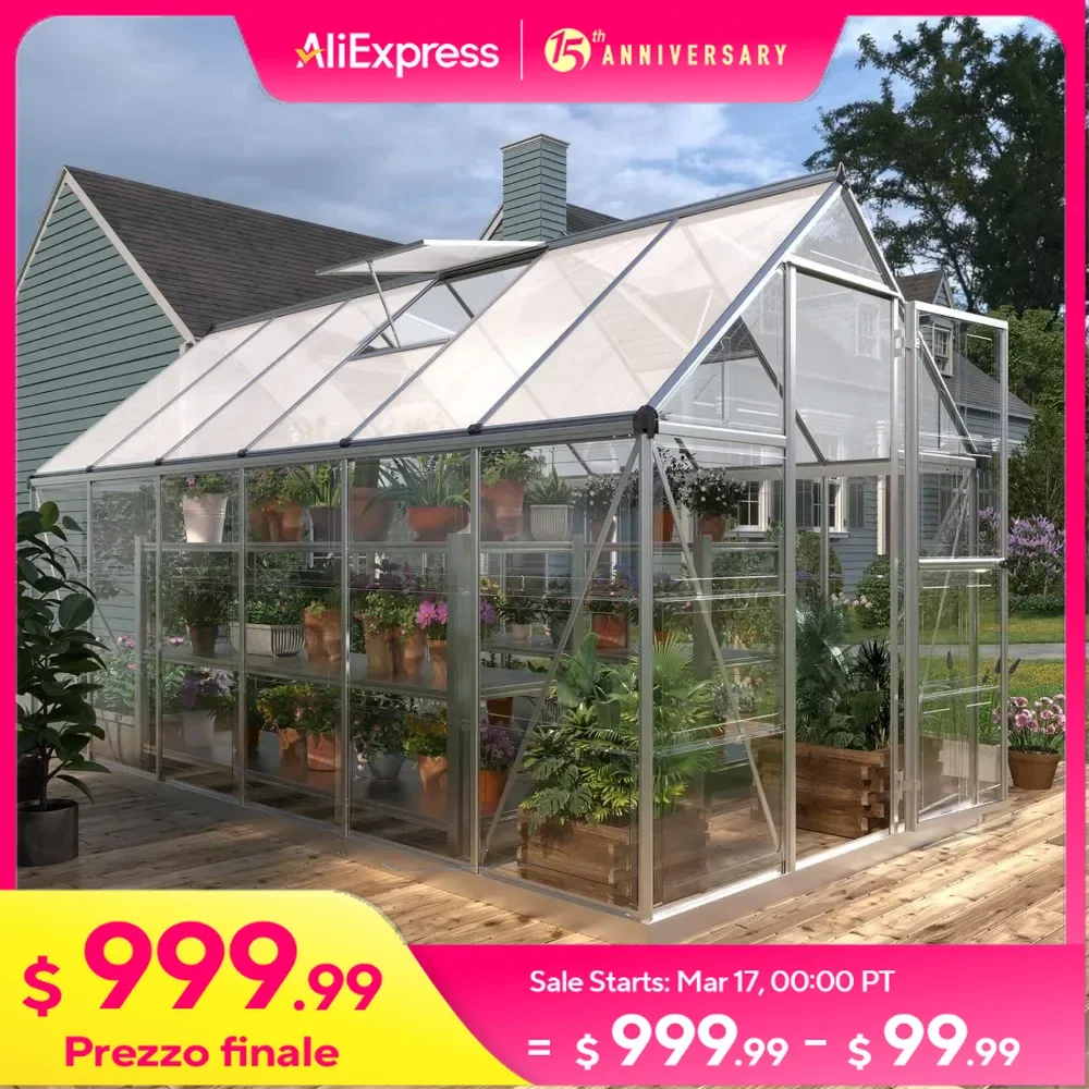 6x12 FT Hybrid Polycarbonate Greenhouse with 2 Vent Window,Walk-in Hobby Greenhouse with Lockable Hinged Door,Aluminum Hot House