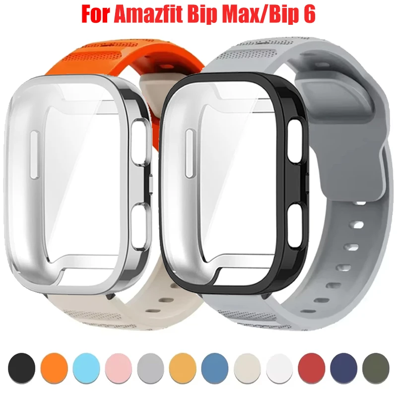 Silikon-Uhrenarmband + weiche TPU-Hülle für Amazfit Bip Max Sport, atmungsaktives Armband mit Displayschutz für Amazfit Bip 6 Correa