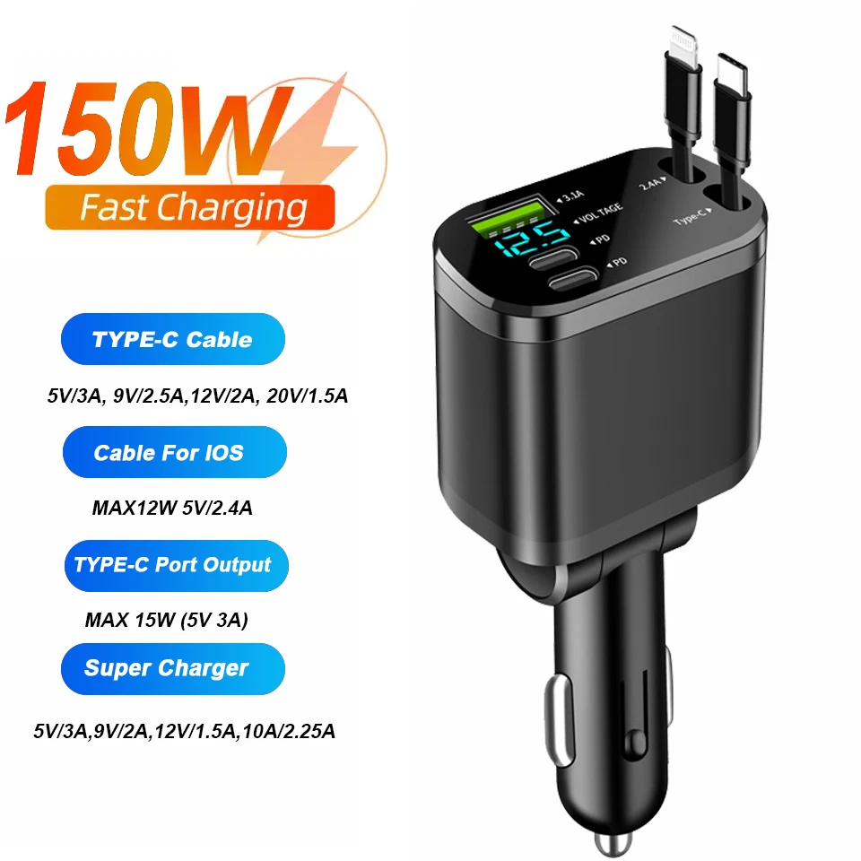 

5 IN 1 Car Charger Adapter Fast Charging Type c PD with Retractable Cords Voltage Display Car Charger For iPhone Samsung Xiaomi