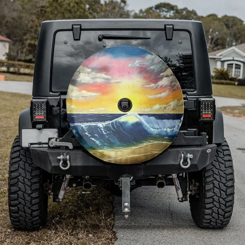 Camper Spare Tire Cover, Sunset Seascape Spare Tire Cover With Or Without Backup Camera Hole, Wrangler Tire Cover