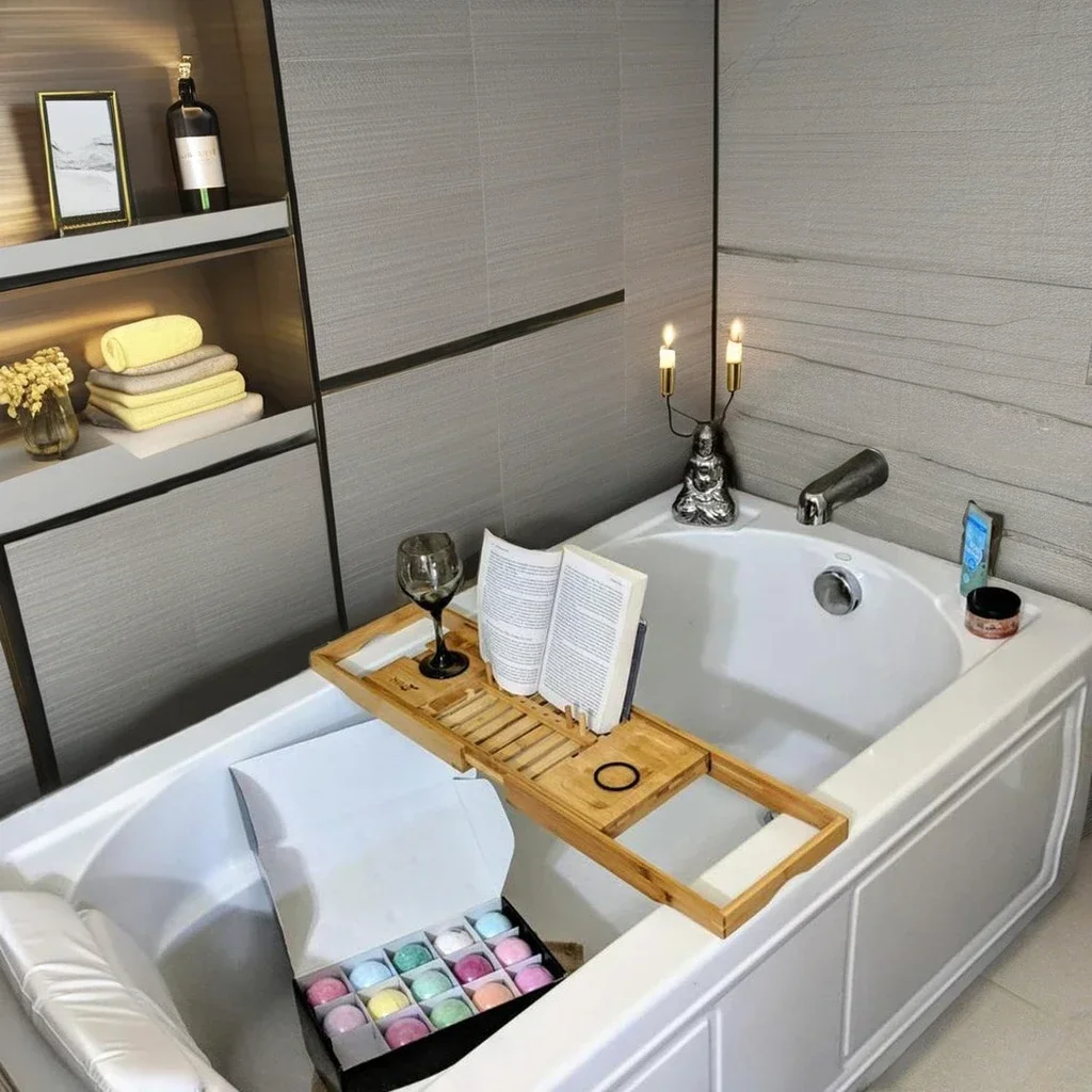 Luxury Bamboo Waterproof  Bath Tray Table for Bathroom Tub Shower Extendable Reading Caddy with Phone And Holder Easy to Adjust