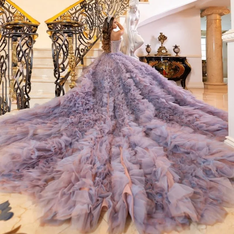 Deep Purple Quinceanera Dress off-shoulder crystal Lace ruffles Decal Long tail Vestidos De 15 Quinceanera ﻿Customize