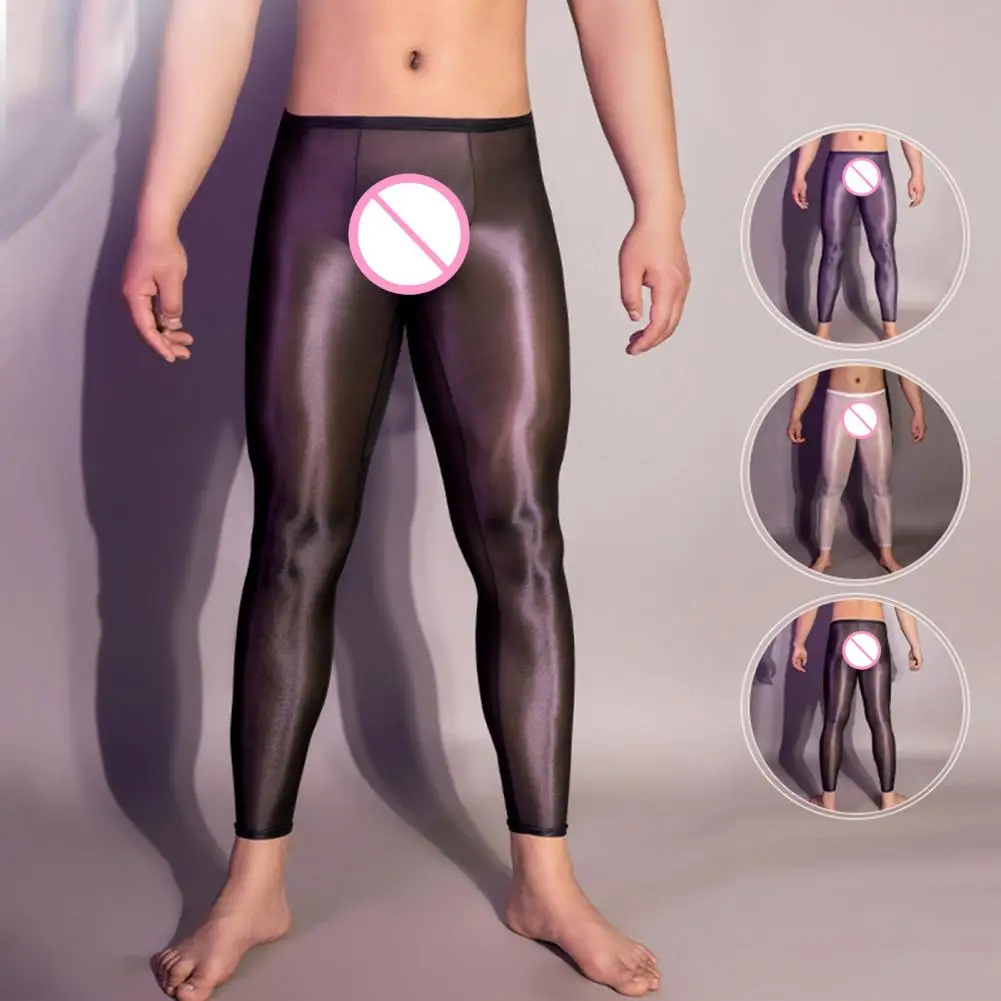 

Men Leggings Men's Ultrathin Stretchy Shiny Ice Silky Leggings Sexy See-through Oil Glossy Skinny Pants for Comfort Style