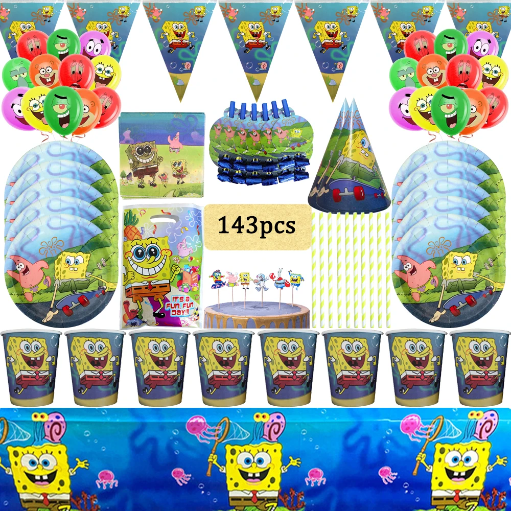 Cartoon Sponge-Bob Kids Faovrs Birthday Party Supplies Tableware Set Party Decoration Cup Plate Balloon Baby Shower Backdrop