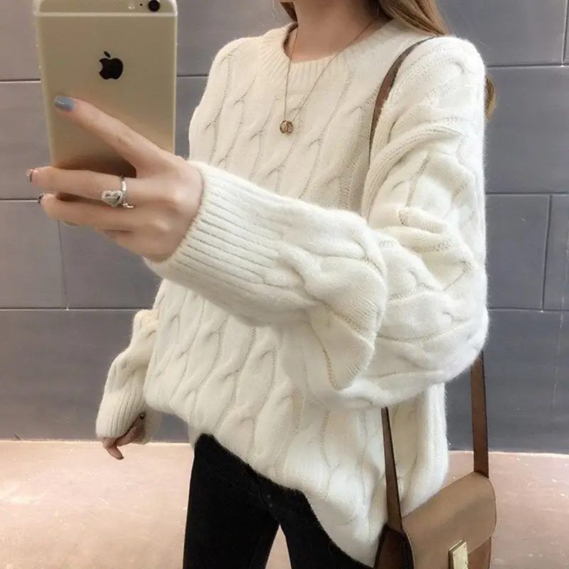 Fashion Loose Solid Color Long Sleeve Sweaters for Female All-match Simplicity Round Neck Knitted Pullovers Women\'s Clothing