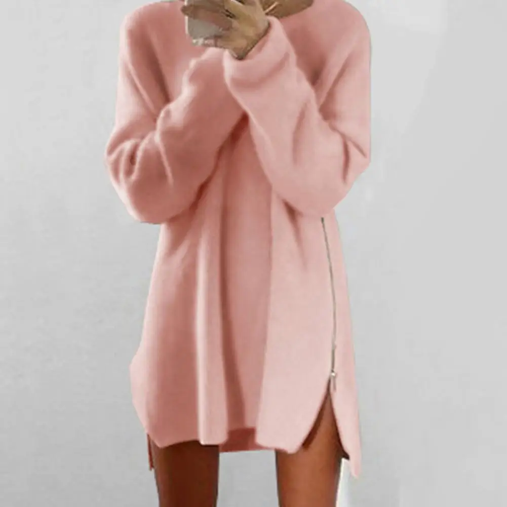 

Furry Dress Oversized Cotton Long Sleeve O Neck Sideway Zip Loose Mini Knitted Sweater Dress Autumn Loose Women Pullovers