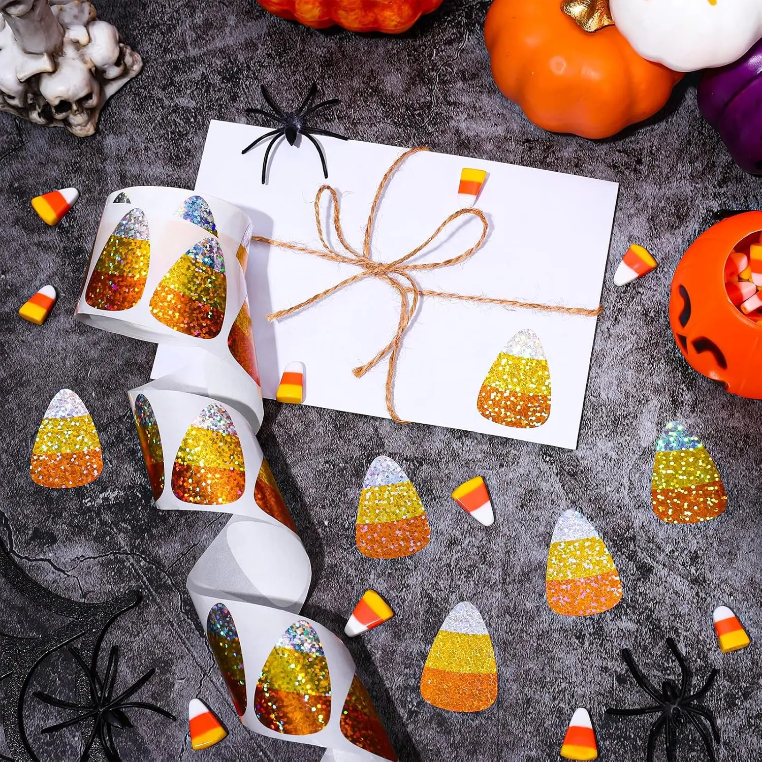 500Pcs Laser Halloween Candy Corn Stickers Sparkly Waterproof Self-Adhesive Sticker Decals for Envelope Journal Decor Party