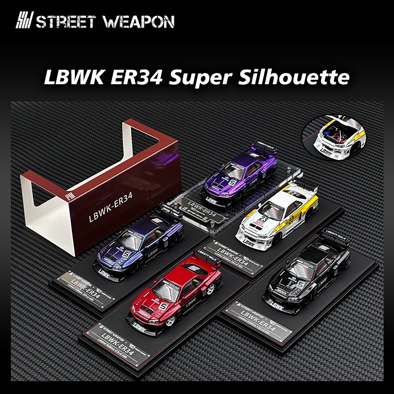 SW In Stock 1:64 LBWK Skyline GTR ER34 Super Silhouette Chameleon Chrome Opened Hood Diecast Car Model Collection Street Weapon