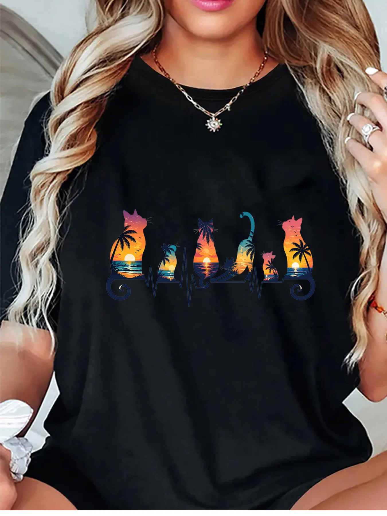 Cat Heartbeat Sunset Palm Beach Ocean Landscape Graphic Womens T Shirt Short Sleeve Crew Neck Summer Casual Ladies Tee Tops