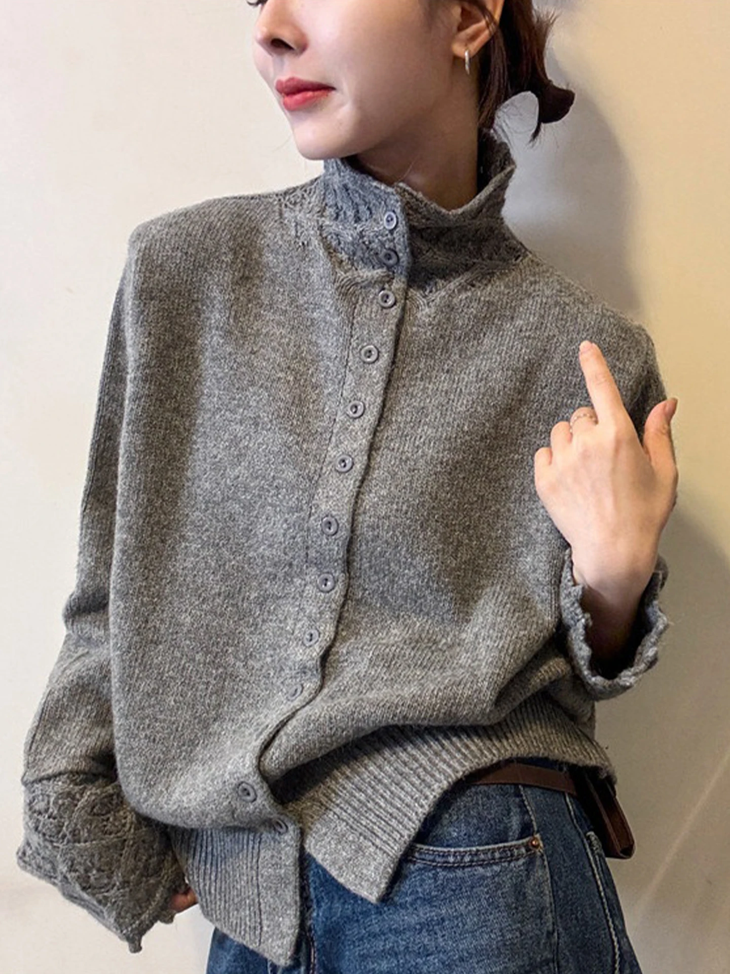 

Зимний повседневный универсальный свитер с длинными рукавами, мягкий, приятный для кожи, базовый слой, с одним пуговицей, вязаный, для поездок на работу