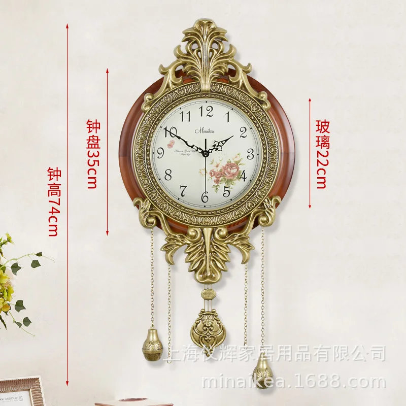 

American Solid Wood Silent Swing Wall Clock Living Room European-style Metal Creative Decoration Large Quartz Clock Pendulum