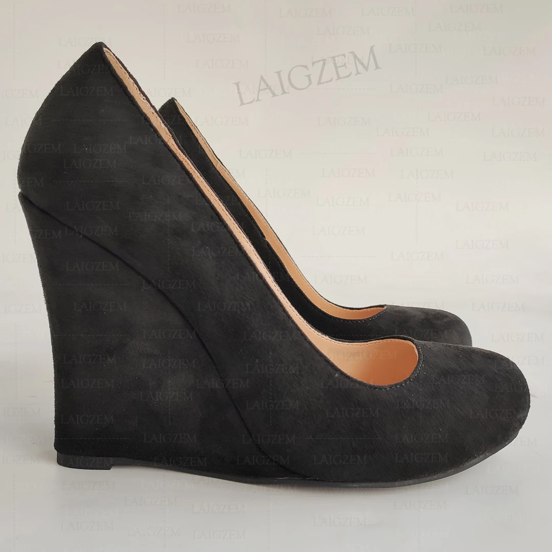 LAIGZEM Women Wedges Pumps Faux Suede Round Toe Slip On High Heels Ladies Sandals Shoes Woman Large Size 41 43 45 48