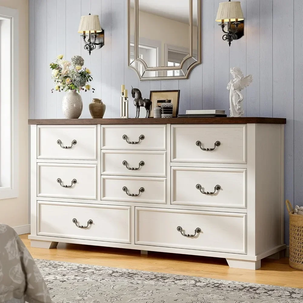 Bedroom dresser with 9 drawers, wooden dresser and chest of drawers, antique handles and smooth rails, long dresser TV cabinet