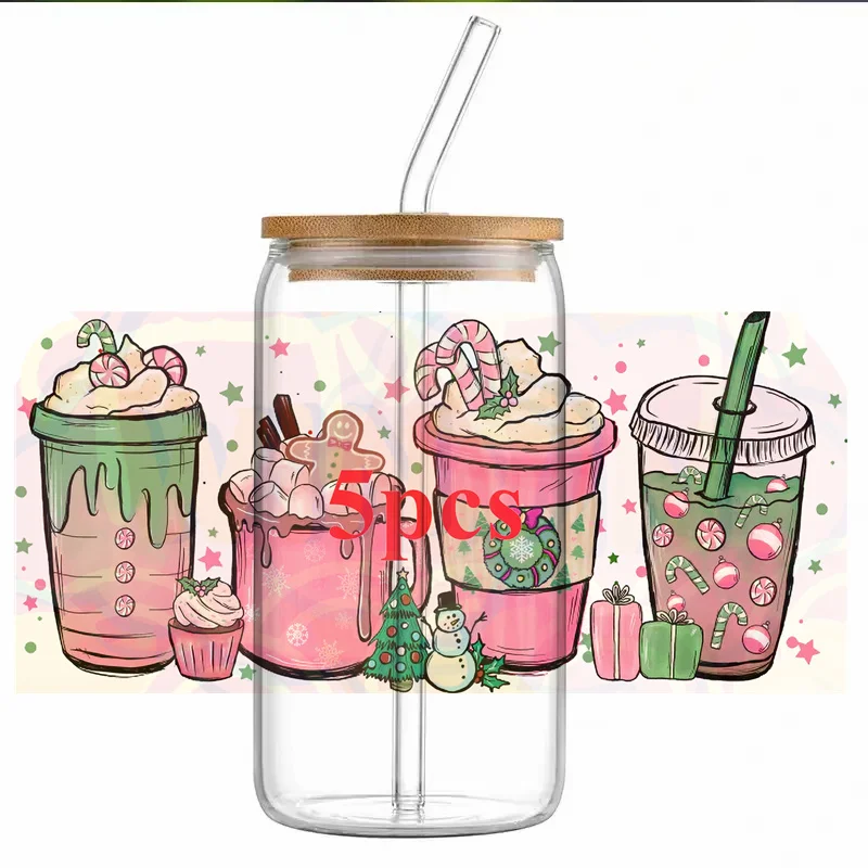 5pcs UV DTF Transfer Sticker For 16oz Libbey Glass Cups Wrap Transfer Stickers Waterproof Bottle Adhesive Sticker