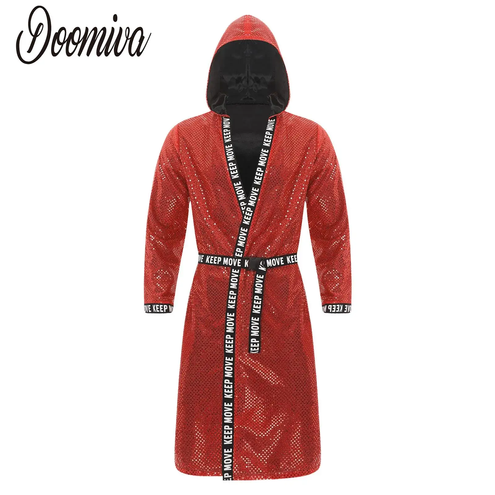 

Мужской боксерский халат с капюшоном и блестками, пальто-боксер для косплея на Хэллоуин, блестящий открытый боксерский халат с длинными рукавами и поясом, свободный халат