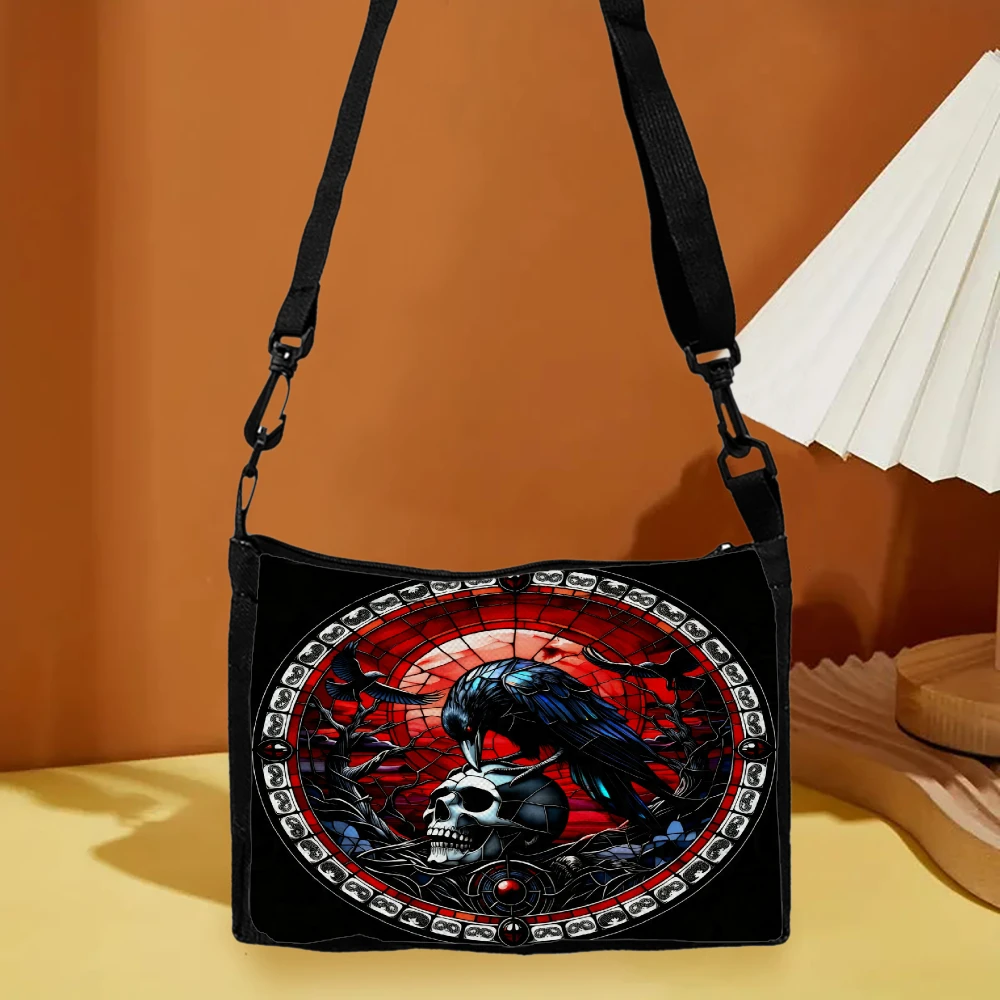 1pc Gothic Raven Skull Stained Glass Design Crossbody Bag Black Artistic Print Shoulder Bags For Women Men Fashion Statement Eve