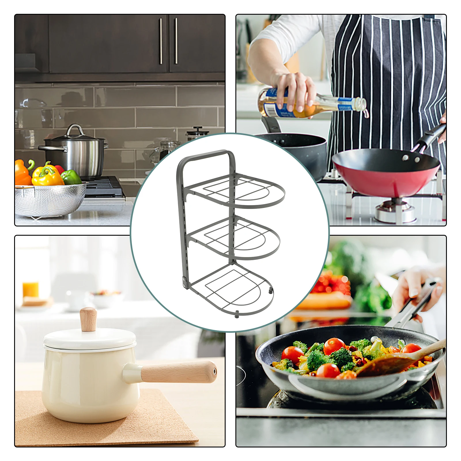 

Foldable 3 Tier Kitchen Organizer Rack Large Capacity Pot Pan Holder Grey Round Under Sink Storage Solution Steel Material
