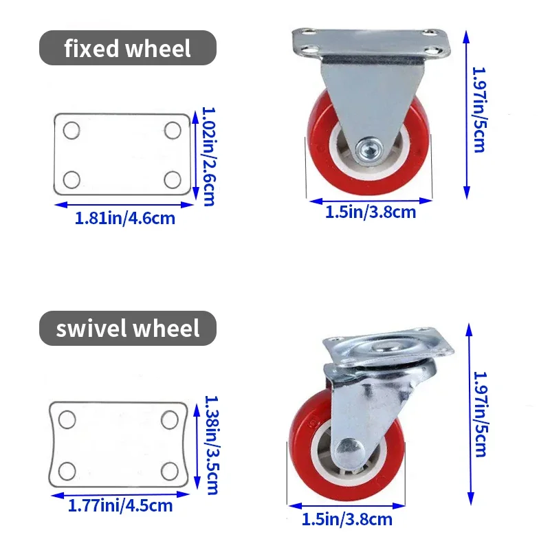 4pcs Casters, Universal Rotating Wheel Fixed Wheel,1.5-Inch Red Wheel, Used for Furniture, Cabinets, and Handcarts, Swivel Wheel