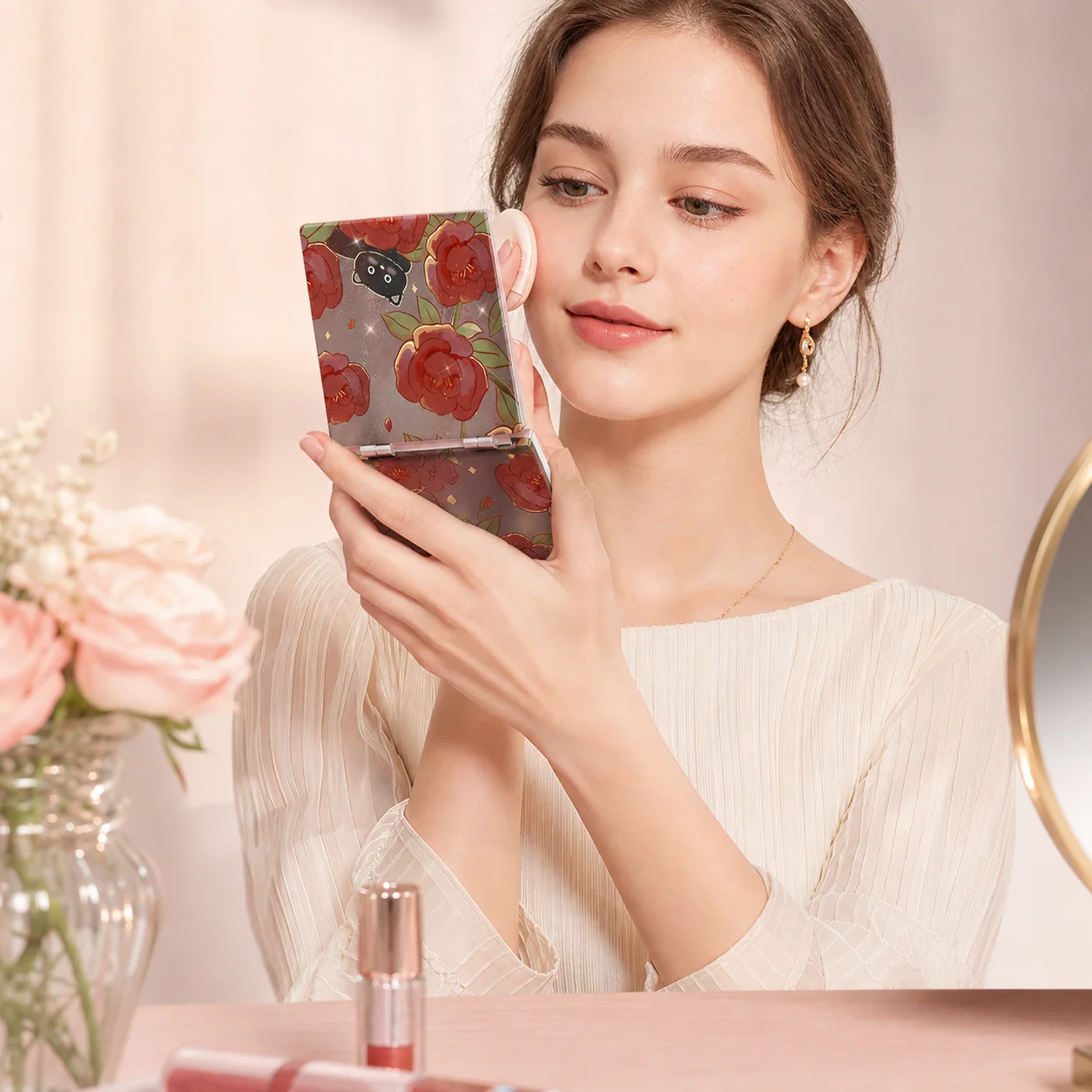 Portable Foldable Makeup Mirror Vintage Rose Pattern Compact Cosmetic Mirror Double Sided with 2X Magnifying Mirror