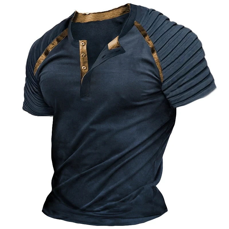 Men\'s Casual Henley Shirt Fashion Raglan T Shirt Plain Slim Pleated Henley Daily Short Sleeve Patchwork Pleats Clothing Apparel