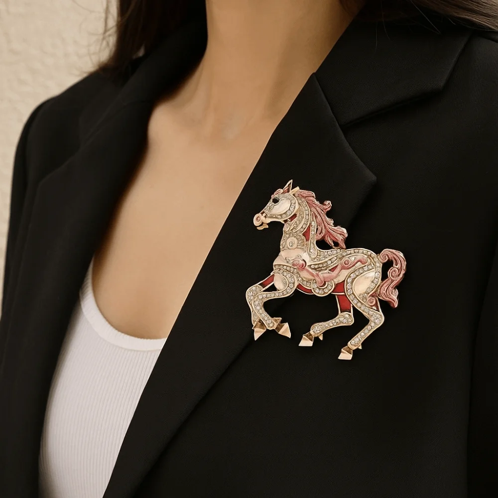 Luxury Enamel Rhinestone Horse Brooch Retro Personality Charm Zodiac Pin Classic Chinese Style Animal Lapel Pins New Year Gifts
