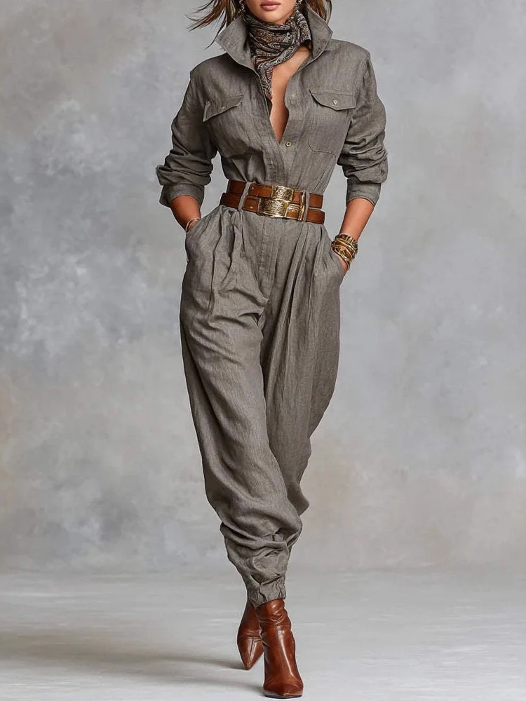Vintage High Waist Pocket Jumpsuits Casual Lapel Long Sleeve Playsuits Overalls Autumn Women New Single Breasted Commute Rompers