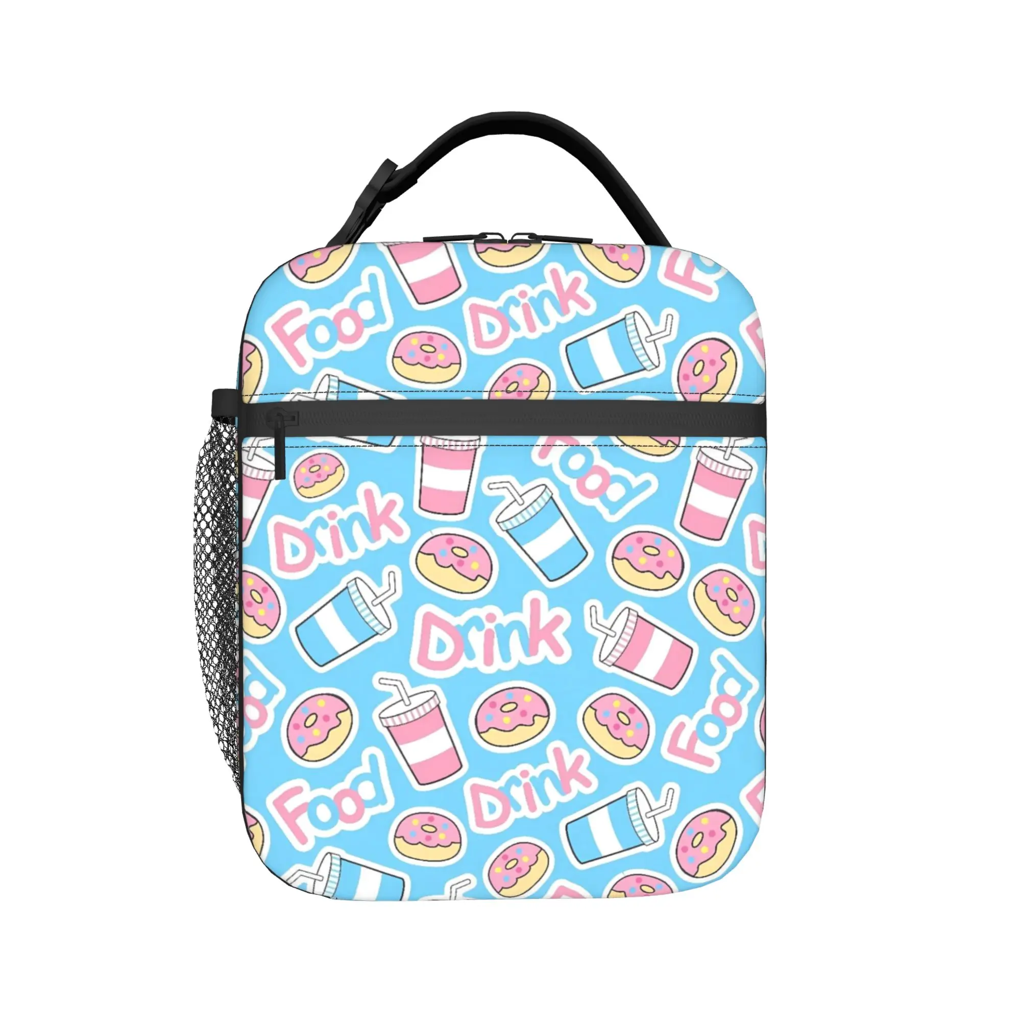 Donuts And Candies On Light Blue Pattern Lunch Bag Portable Thermal Tote Handbags For Child Waterproof Designer Cooler Bag