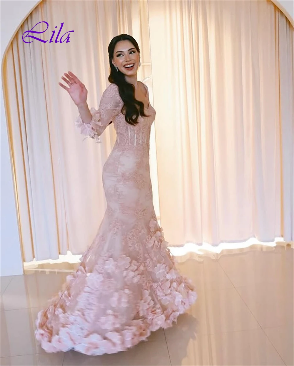 فستان سهرة أنيق من الأورجانزا الوردي مخصص كلاسيكي على شكل قلب وأكمام طويلة للحفلات فستان حورية البحر الرقيق مزين بالحفلات الراقصة