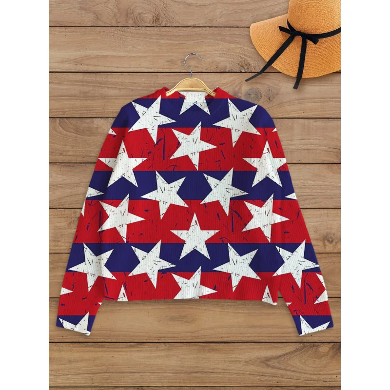 

American Vintage Star Digital Print Women’s Sweater Knit Pullover Thick Loose Crew Neck Long Sleeve Autumn Winter Casual Outdoor