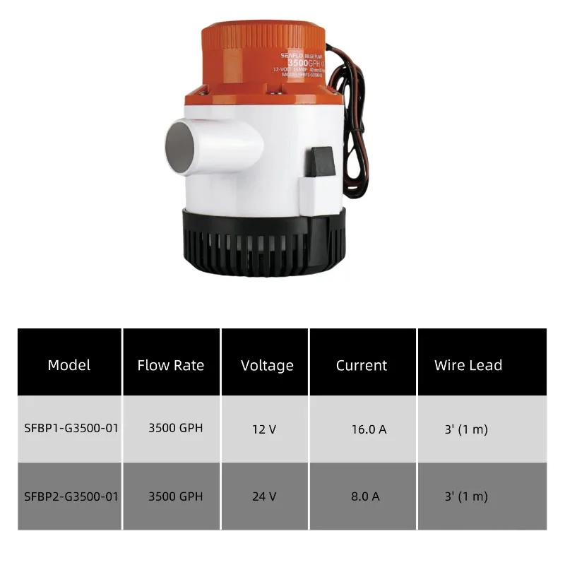 SEAFLO 3500GPH 12V/24V Boat Marine Bilge Pump Heavy Duty High Flow Electric Water Pump for Boat Aquarium Pool Fountain