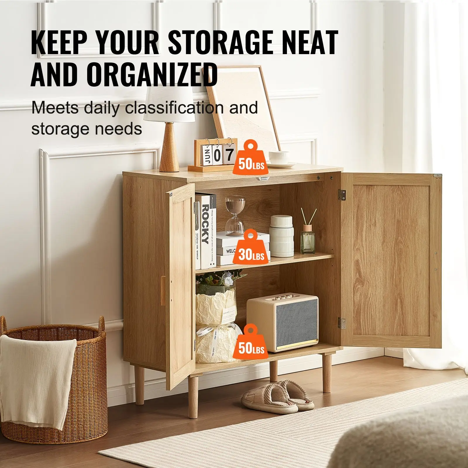 Rattan Cabinet, Rattan Storage Cabinet with 2 Magnetic Doors and Adjustable Shelves, Sideboard Buffet Cabinet for Hallway, Entry