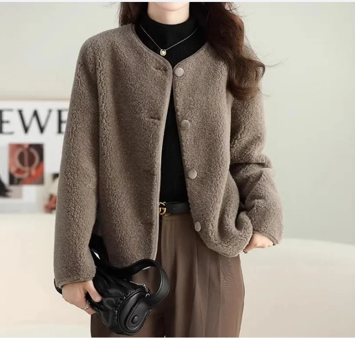 Autumn Winter Women Korean Fashion Luxury Chic Lamb Plush Button Jackets Retro Elegant Solid O Neck Long Sleeve Loose Warm Coats