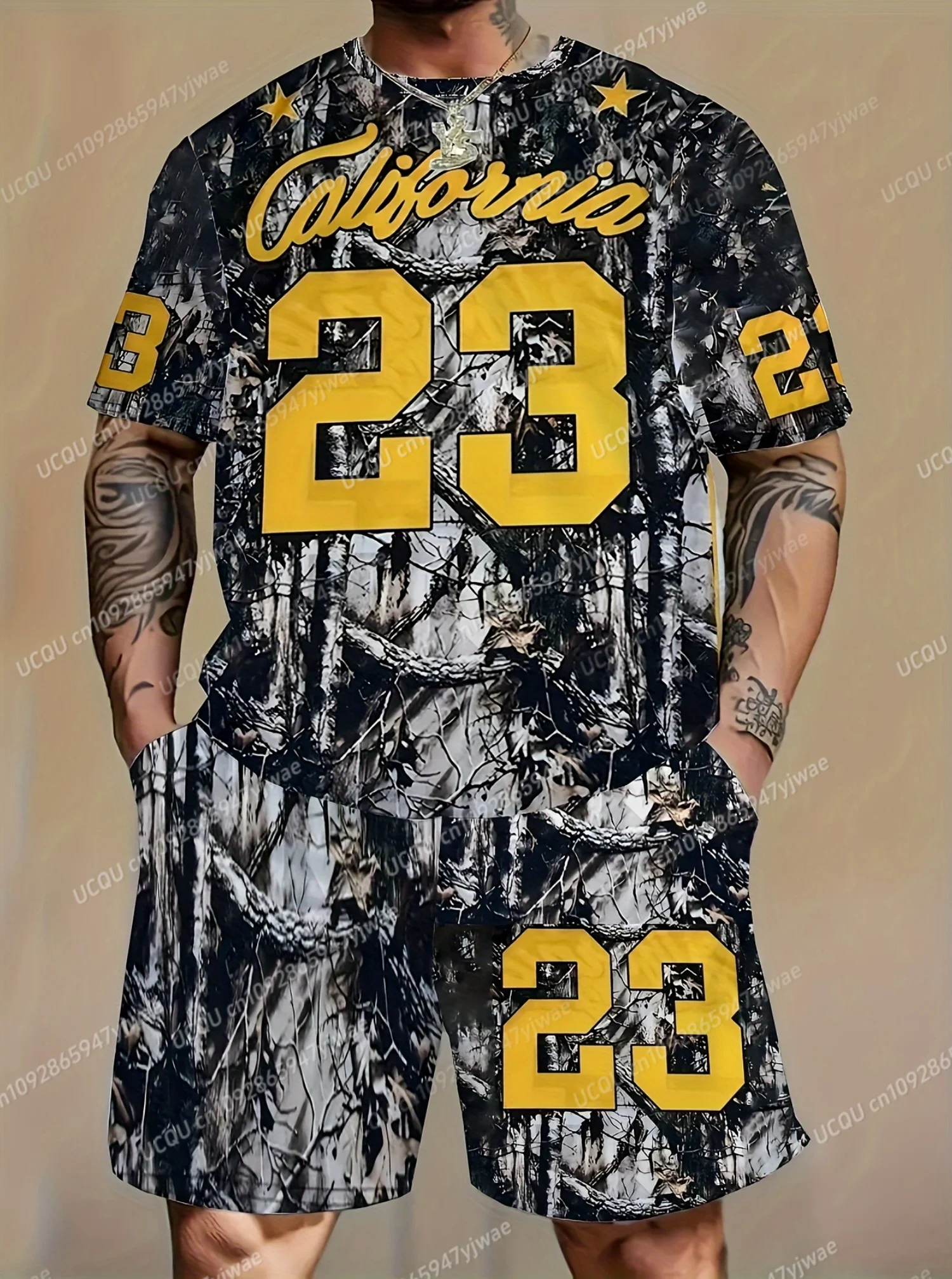 2025 Summer NO.23 California Print Men's Tracksuit 2 Pieces Set Casual Sport T-Shirt Shorts Set Men's Jogging Men Clothes