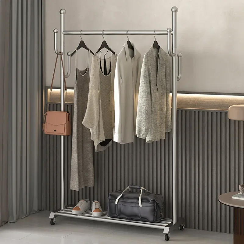 New Model New Coat Rack Stainless Steel Hanger Floor-to-ceiling Drying Clothes Rack Indoor Mobile With Wheels Premium Premium