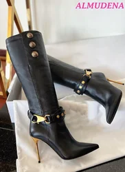 Suede Metal Buckled Women Boots Winter Pointed Toe High Heels Leather Knee High Boots botas mujer Black Luxury Designer Shoes