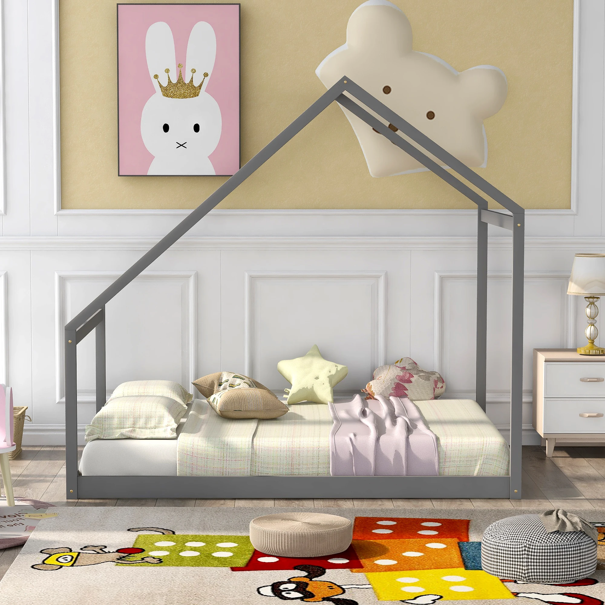 Twin Size House Bed Wood Bed with Drawers, Perfect for Kids, Gray