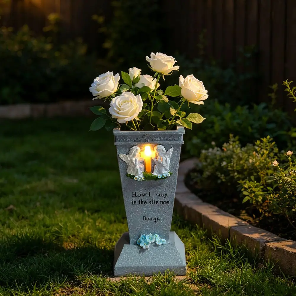 Solar Powered Grave Cross Vase LED Outdoor Memorial Flower Container Garden Decoration Cemetery Ornament Lighting Fixture