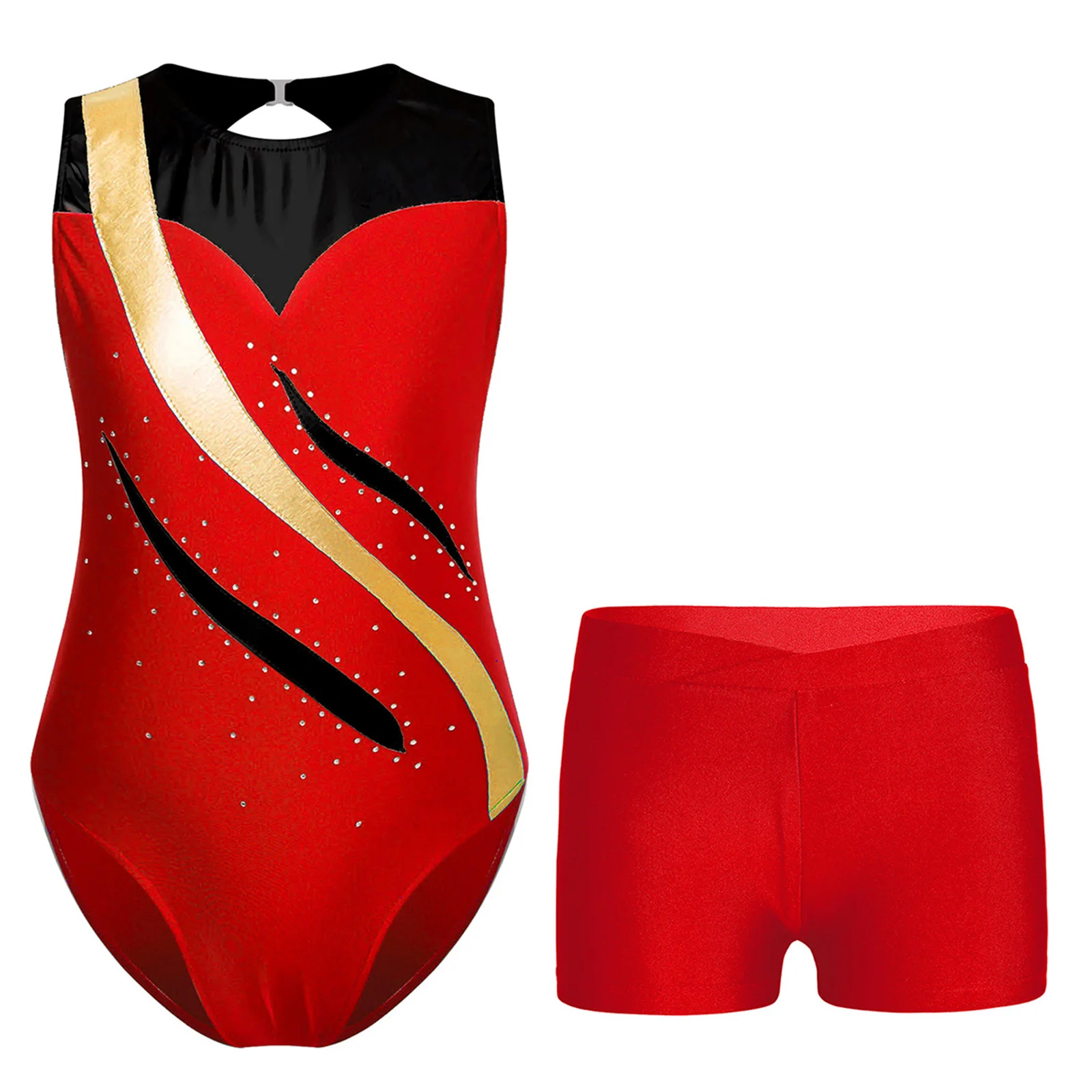 Kids Girls Rhythmic Gymnastics Leotards Performance Outfit Metallic Patchwork Leotard Sleeveless Skating Bodysuit with Shorts