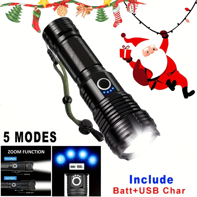 Torcia tattica a LED ricaricabile ad alta potenza Torcia con zoom telescopico in lega di alluminio per la pesca in campeggio all'aperto