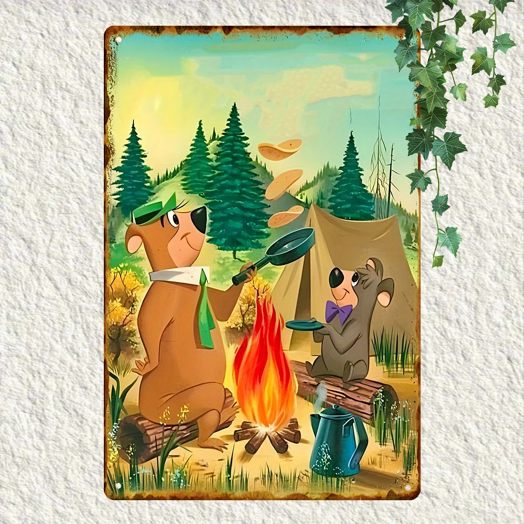   Vintage Metal Wall Art Sign - Whimsical Bear Campfire Cooking Scene, Waterproof,Dustproof Durable Iron Decor for Home, Bar, Ca