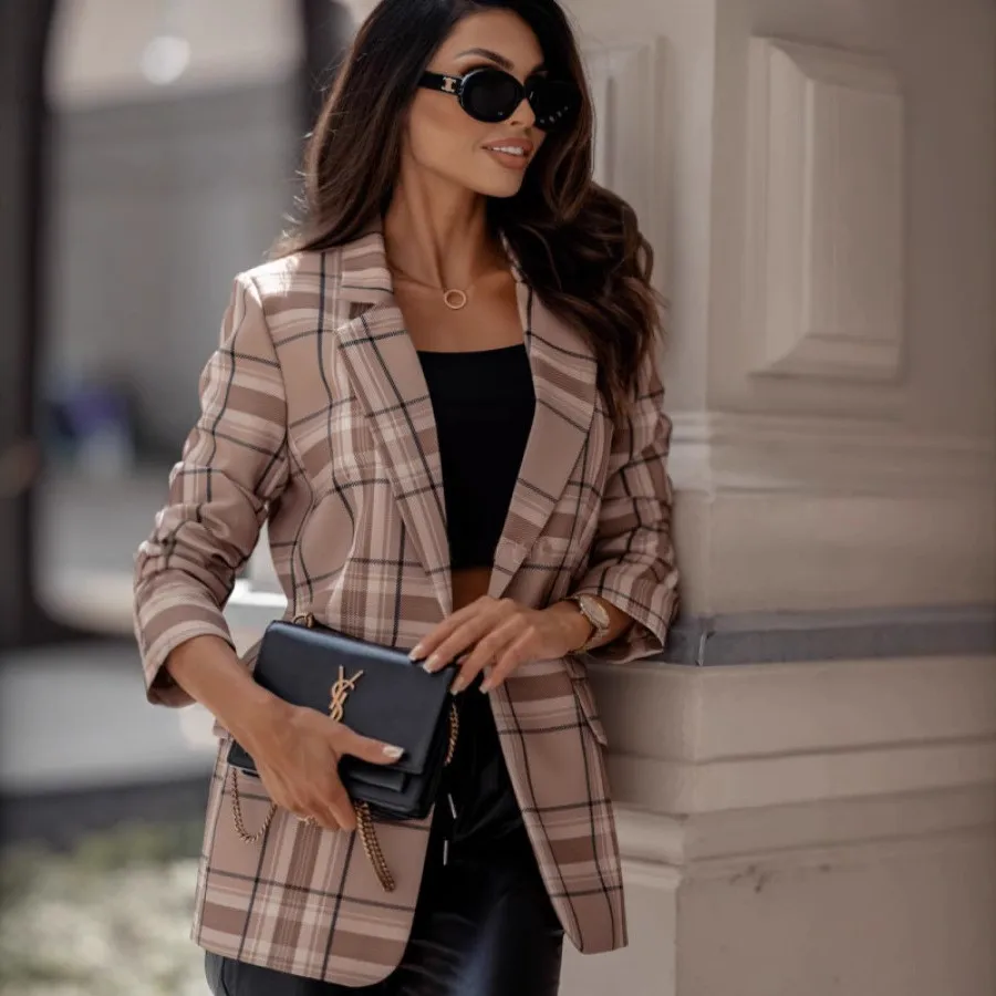 Plaid Long Sleeve Suit with Regular Fit Commuter Style Single Button Closure Notched Lapel Stripe Plaid Pattern Women Jacket