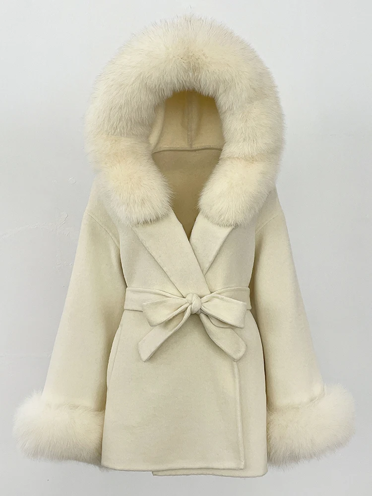2025 Lady Nautural Fox Fur Woolen Jacket Womens Winter Clothing Hooded Commute Real Fur Wool Coat Female Fashion Clothes