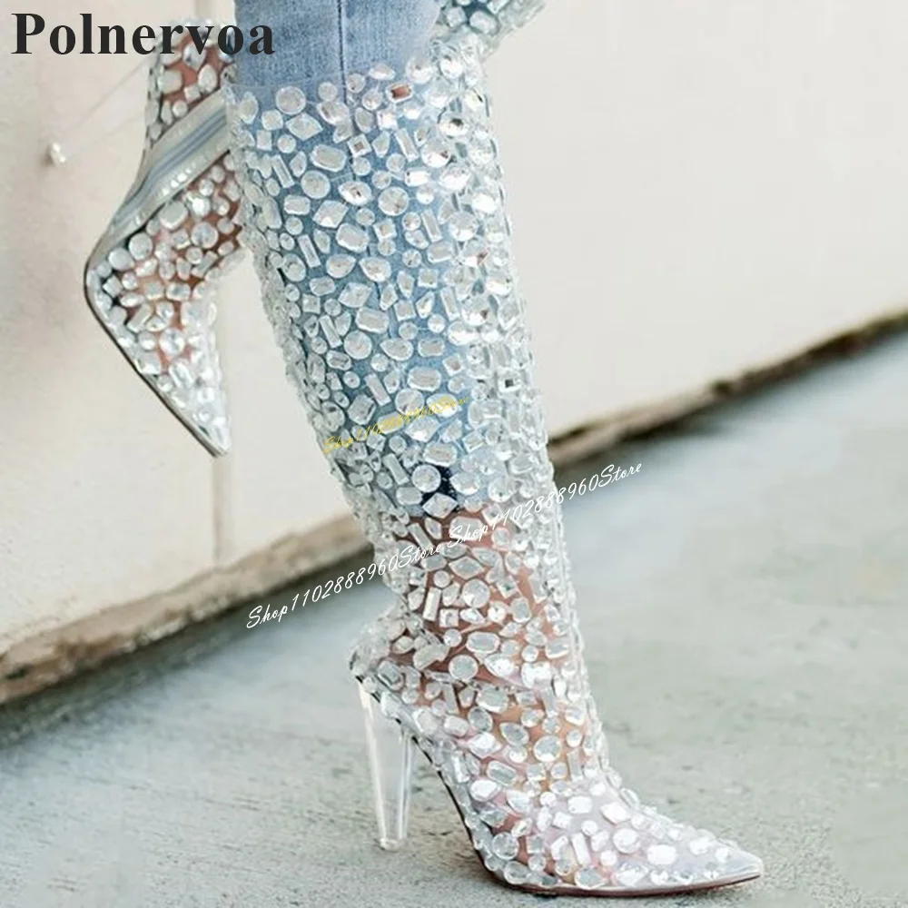 Knee High Transparent Heel PVC Crystal Boots High Heel Shoes For Women Side Zipper Pointed Toe 2024 Fashion Zapatos Para Mujere