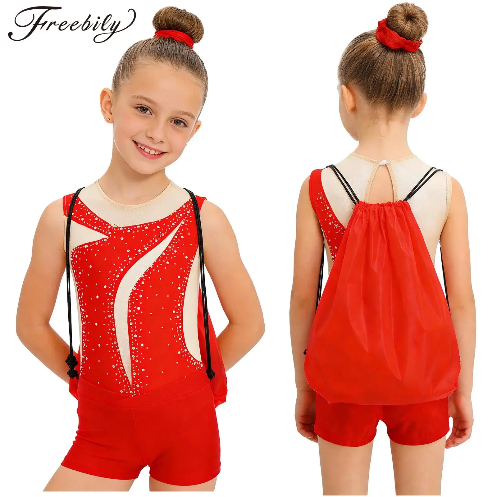 Kids Girls Ballet Dance Leotard Figure Skating Gymnastics Acrobatic Costume Sleeveless Shiny Rhinestone Bodysuit+Shorts+Backpack