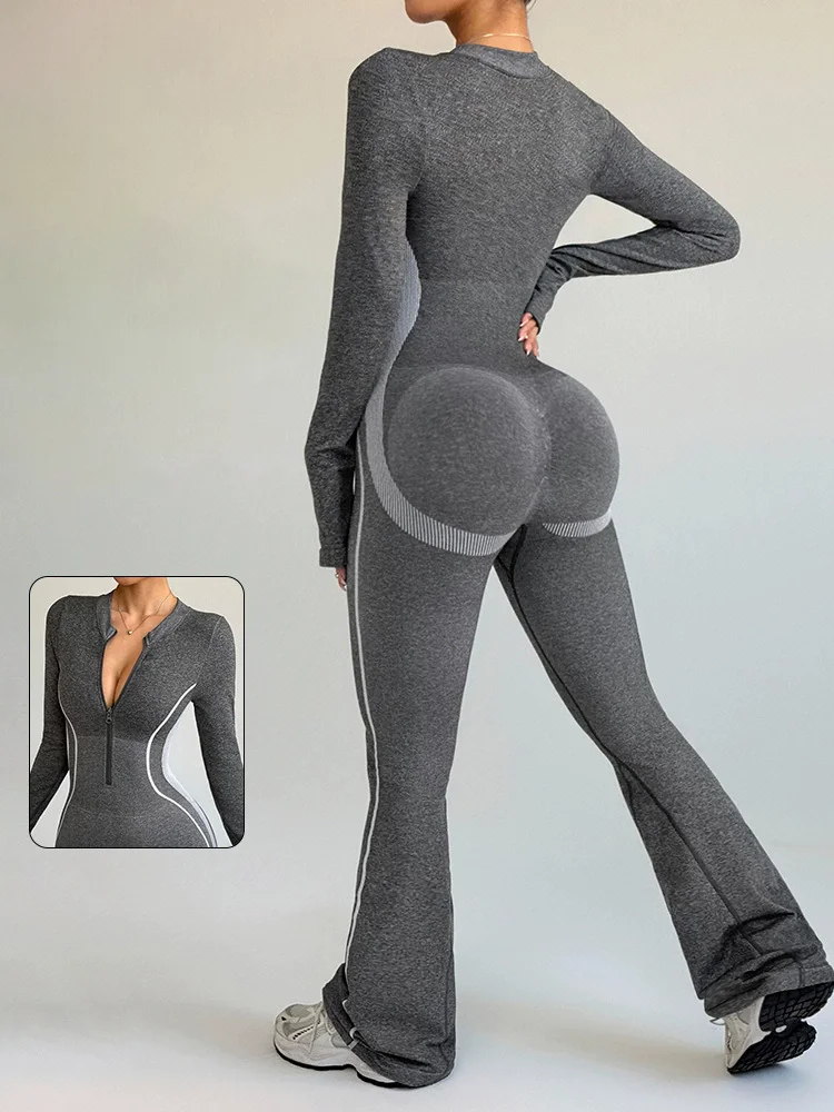 

Матовый контрастный цвет на молнии с воротником-стойкой, цельный костюм для йоги, женский цельный расклешенный костюм для занятий бегом на открытом воздухе, подтягивающий бедра