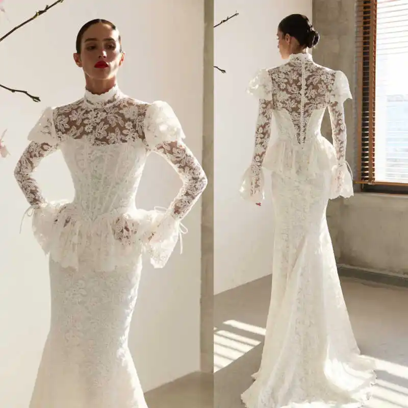 

Romantic Victorian Bridal Gown High Stand Collar Puff Lace Short Sleeves Suffled Tiered Lace Mermaid Wedding Banquet Dresses